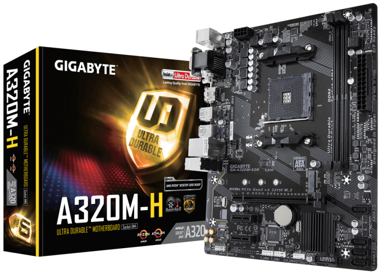 М/плата Gigabyte Ultra Durable GA-A320M-H v1.1,AM4, 2хDDR4(3200 МГц, 32Гб)SATA*4+1 M.2(key M), IDE*нет,1*PCI-E 3.0 x16/2*PCI-E 2.0 x1,microATX,rtl