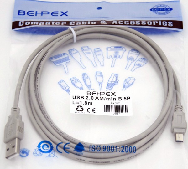 Кабель USB-miniUSB,1.8м,Behpex CAB-452080,серый,пакет