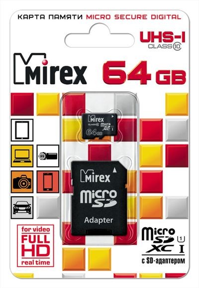 Карта памяти(+адаптер) microSDXC 64Гб/Class 10/UHS-I,Mirex (13613-AD10SD64)