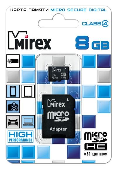 Карта памяти(+адаптер) microSDHC 8Гб/Class 4,Mirex (13613-ADTMSD08)