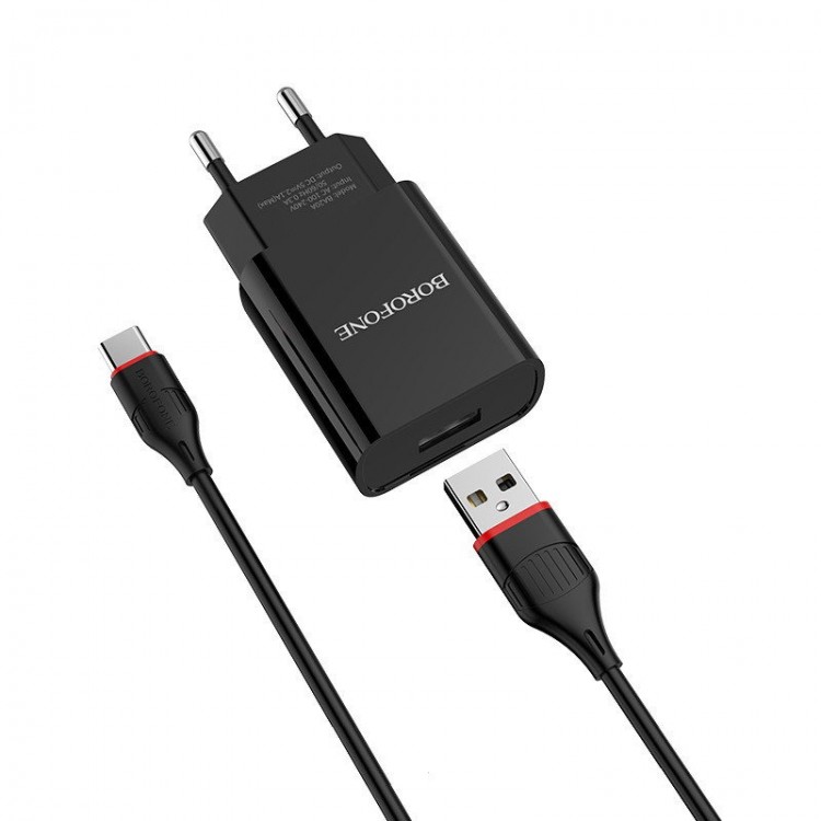 Зарядное устройство Borofone BA20A, 5В/2.1А для USB, Type C, черное, блистер