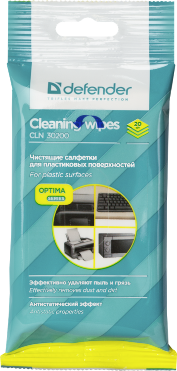 Чистящие салфетки для пластика Defender Optima CLN 30200, 20шт., пачка